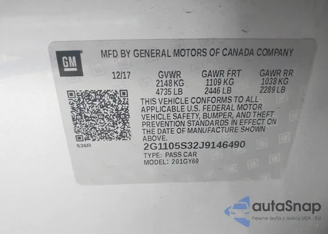 2018 Chevrolet Impala Lt z USA, uszkodzony, nr VIN 2G1105S32J9146490
